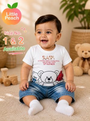 Infant Boys Cotton Jersey Bear Tshirt With Denim Shorts